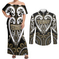 Custom Aotearoa Waikato Tainui Couples Matching Off Shoulder Maxi Dress and Long Sleeve Button Shirt Maori Tribal Pattern