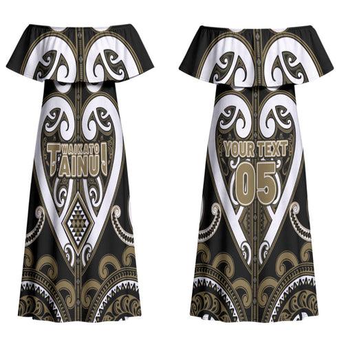 Custom Aotearoa Waikato Tainui Couples Matching Off Shoulder Maxi Dress and Long Sleeve Button Shirt Maori Tribal Pattern