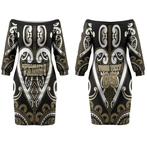 Custom Aotearoa Waikato Tainui Couples Matching Off The Shoulder Long Sleeve Dress and Hawaiian Shirt Maori Tribal Pattern