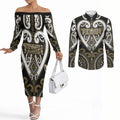 Custom Aotearoa Waikato Tainui Couples Matching Off The Shoulder Long Sleeve Dress and Long Sleeve Button Shirt Maori Tribal Pattern