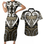 Custom Aotearoa Waikato Tainui Couples Matching Short Sleeve Bodycon Dress and Hawaiian Shirt Maori Tribal Pattern