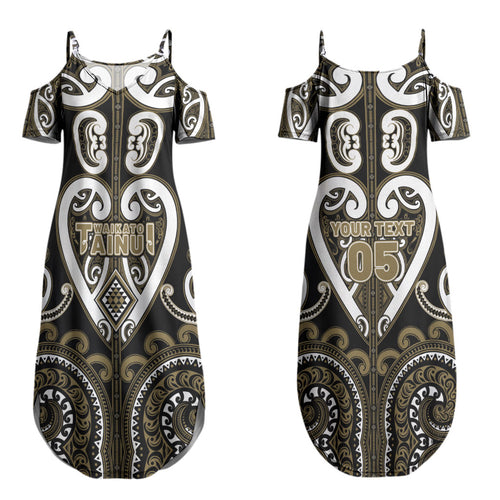 Custom Aotearoa Waikato Tainui Couples Matching Summer Maxi Dress and Long Sleeve Button Shirt Maori Tribal Pattern