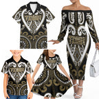 Custom Aotearoa Waikato Tainui Family Matching Off The Shoulder Long Sleeve Dress and Hawaiian Shirt Maori Tribal Pattern