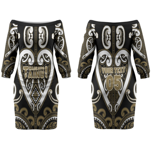 Custom Aotearoa Waikato Tainui Family Matching Off The Shoulder Long Sleeve Dress and Hawaiian Shirt Maori Tribal Pattern
