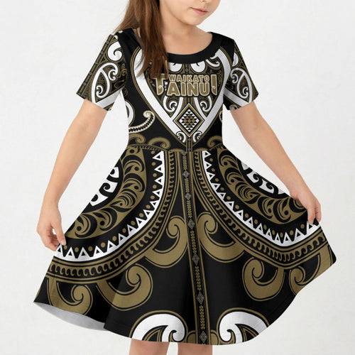 Custom Aotearoa Waikato Tainui Kid Short Sleeve Dress Maori Tribal Pattern