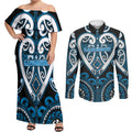 Custom Aotearoa Ngati Kahungunu Couples Matching Off Shoulder Maxi Dress and Long Sleeve Button Shirt Maori Tribal Pattern