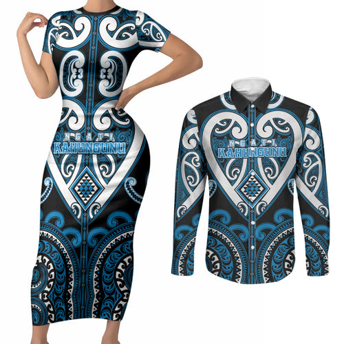 Custom Aotearoa Ngati Kahungunu Couples Matching Short Sleeve Bodycon Dress and Long Sleeve Button Shirt Maori Tribal Pattern