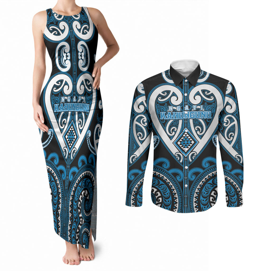 Custom Aotearoa Ngati Kahungunu Couples Matching Tank Maxi Dress and Long Sleeve Button Shirt Maori Tribal Pattern