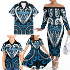 Custom Aotearoa Ngati Kahungunu Family Matching Off The Shoulder Long Sleeve Dress and Hawaiian Shirt Maori Tribal Pattern