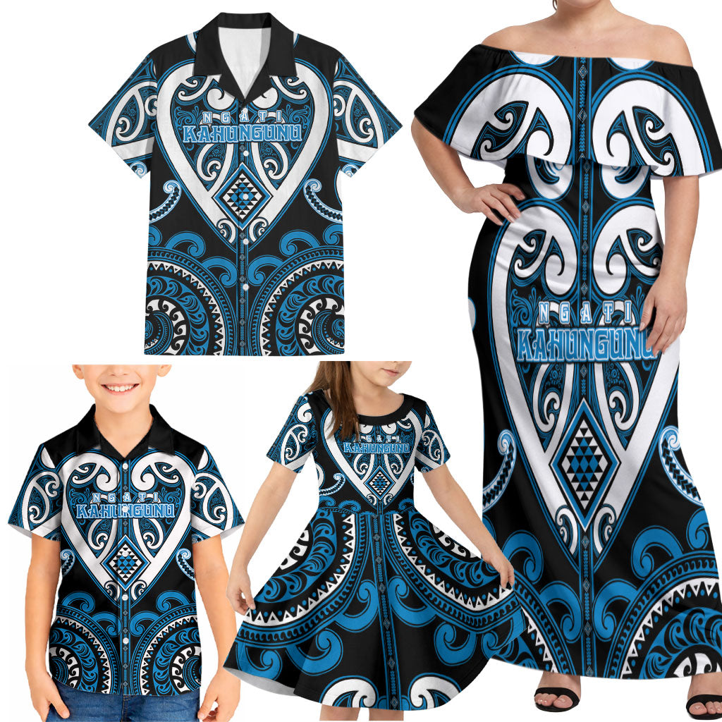 Custom Aotearoa Ngati Kahungunu Family Matching Off Shoulder Maxi Dress and Hawaiian Shirt Maori Tribal Pattern