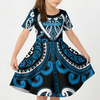 Custom Aotearoa Ngati Kahungunu Kid Short Sleeve Dress Maori Tribal Pattern
