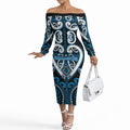 Custom Aotearoa Ngati Kahungunu Off The Shoulder Long Sleeve Dress Maori Tribal Pattern