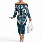 Custom Aotearoa Ngati Kahungunu Off The Shoulder Long Sleeve Dress Maori Tribal Pattern