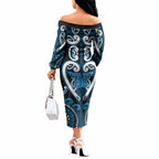 Custom Aotearoa Ngati Kahungunu Off The Shoulder Long Sleeve Dress Maori Tribal Pattern