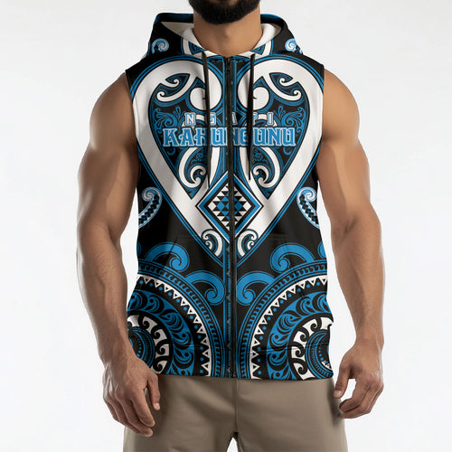 Custom Aotearoa Ngati Kahungunu Sleeveless Zip Hoodie Maori Tribal Pattern