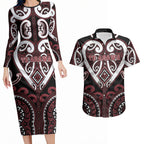 Custom Aotearoa Te Arawa Couples Matching Long Sleeve Bodycon Dress and Hawaiian Shirt Maori Tribal Pattern