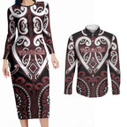 Custom Aotearoa Te Arawa Couples Matching Long Sleeve Bodycon Dress and Long Sleeve Button Shirt Maori Tribal Pattern