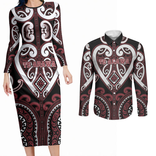 Custom Aotearoa Te Arawa Couples Matching Long Sleeve Bodycon Dress and Long Sleeve Button Shirt Maori Tribal Pattern