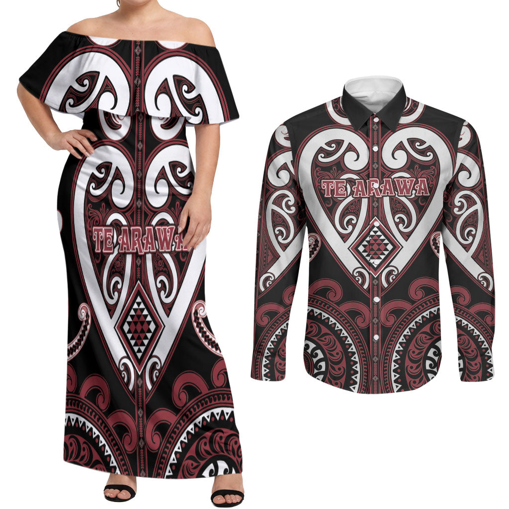 Custom Aotearoa Te Arawa Couples Matching Off Shoulder Maxi Dress and Long Sleeve Button Shirt Maori Tribal Pattern