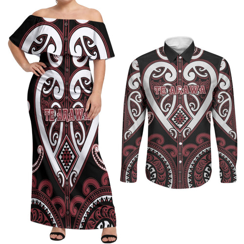 Custom Aotearoa Te Arawa Couples Matching Off Shoulder Maxi Dress and Long Sleeve Button Shirt Maori Tribal Pattern
