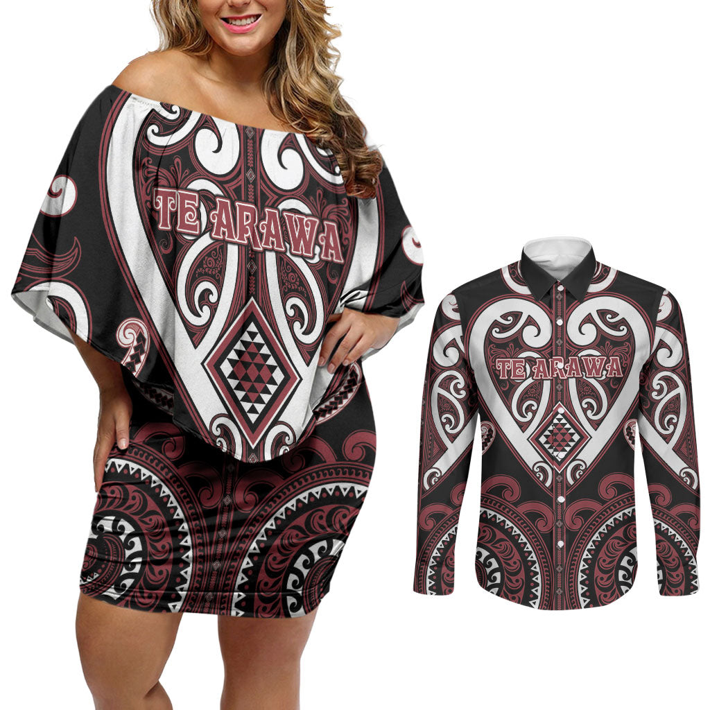 Custom Aotearoa Te Arawa Couples Matching Off Shoulder Short Dress and Long Sleeve Button Shirt Maori Tribal Pattern