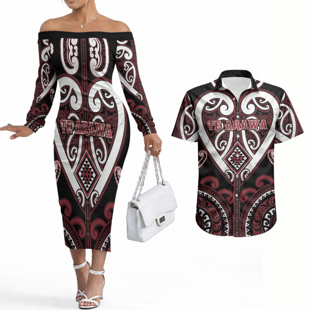 Custom Aotearoa Te Arawa Couples Matching Off The Shoulder Long Sleeve Dress and Hawaiian Shirt Maori Tribal Pattern