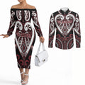 Custom Aotearoa Te Arawa Couples Matching Off The Shoulder Long Sleeve Dress and Long Sleeve Button Shirt Maori Tribal Pattern