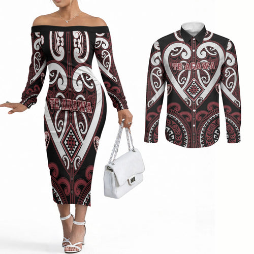 Custom Aotearoa Te Arawa Couples Matching Off The Shoulder Long Sleeve Dress and Long Sleeve Button Shirt Maori Tribal Pattern