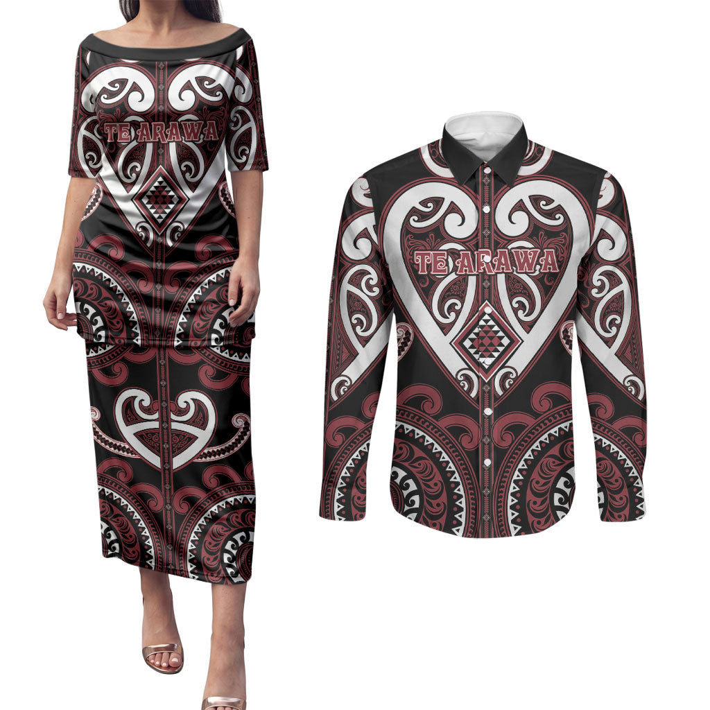Custom Aotearoa Te Arawa Couples Matching Puletasi and Long Sleeve Button Shirt Maori Tribal Pattern
