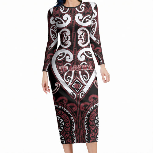 Custom Aotearoa Te Arawa Long Sleeve Bodycon Dress Maori Tribal Pattern