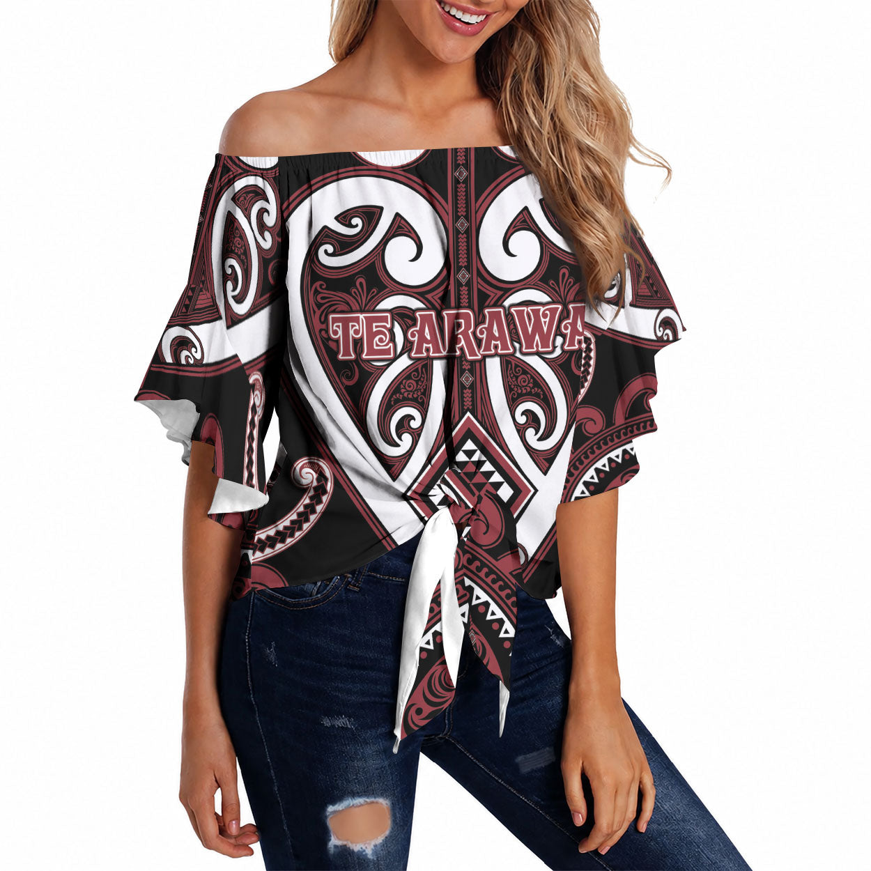 Custom Aotearoa Te Arawa Off Shoulder Wrap Waist Top Maori Tribal Pattern