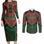 Custom Aotearoa Ngai Tuhoe Couples Matching Long Sleeve Bodycon Dress and Long Sleeve Button Shirt Maori Tribal Pattern