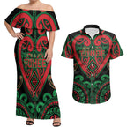 Custom Aotearoa Ngai Tuhoe Couples Matching Off Shoulder Maxi Dress and Hawaiian Shirt Maori Tribal Pattern