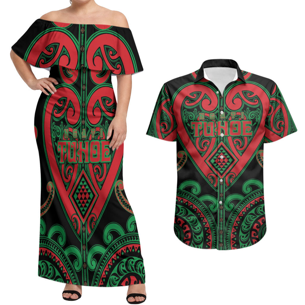 Custom Aotearoa Ngai Tuhoe Couples Matching Off Shoulder Maxi Dress and Hawaiian Shirt Maori Tribal Pattern