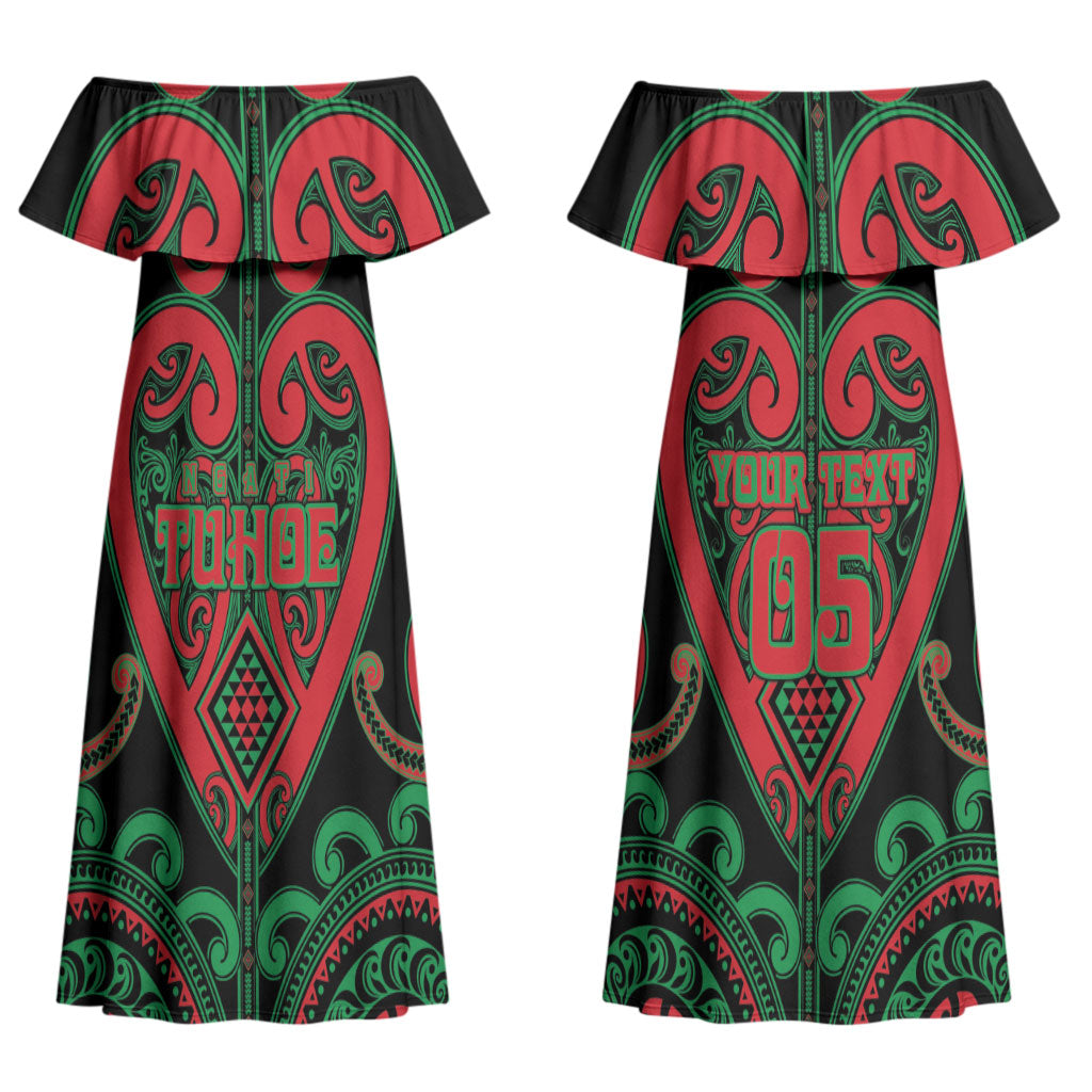 Custom Aotearoa Ngai Tuhoe Couples Matching Off Shoulder Maxi Dress and Long Sleeve Button Shirt Maori Tribal Pattern
