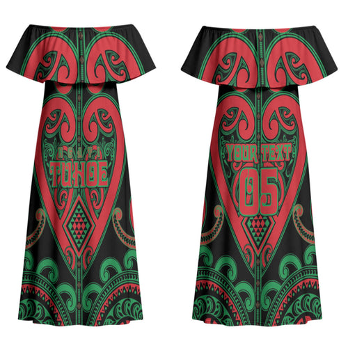 Custom Aotearoa Ngai Tuhoe Couples Matching Off Shoulder Maxi Dress and Long Sleeve Button Shirt Maori Tribal Pattern