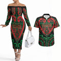 Custom Aotearoa Ngai Tuhoe Couples Matching Off The Shoulder Long Sleeve Dress and Hawaiian Shirt Maori Tribal Pattern