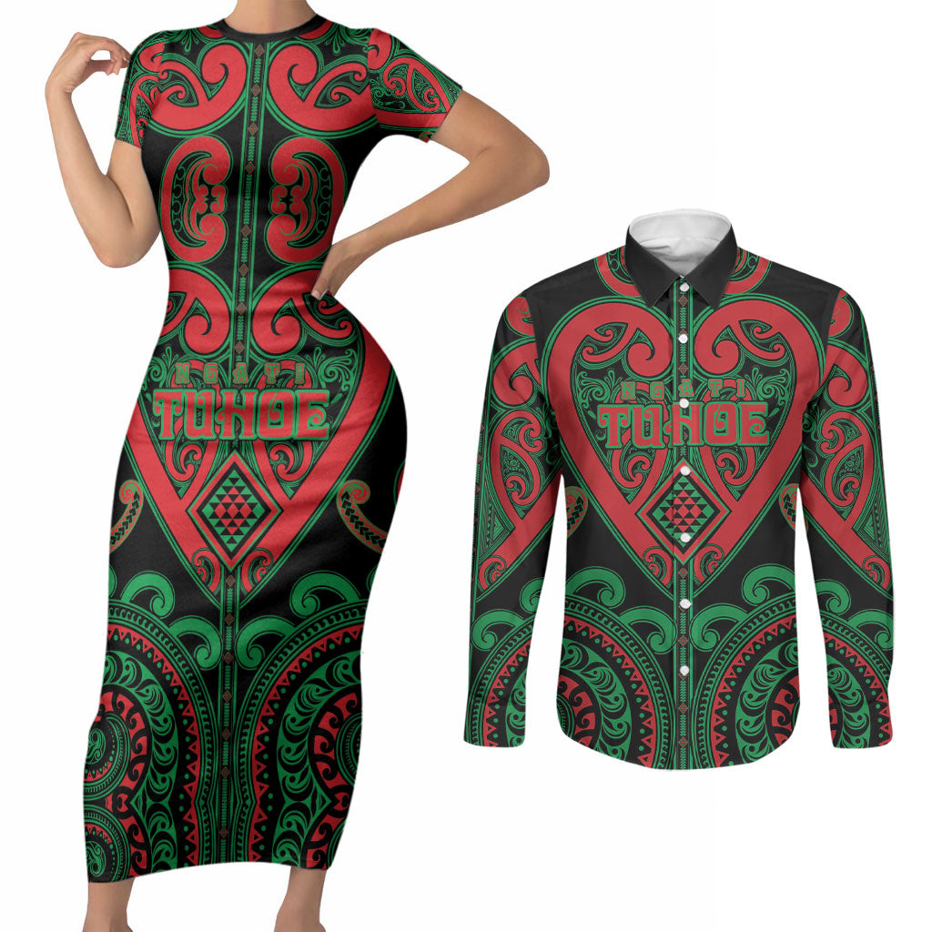 Custom Aotearoa Ngai Tuhoe Couples Matching Short Sleeve Bodycon Dress and Long Sleeve Button Shirt Maori Tribal Pattern