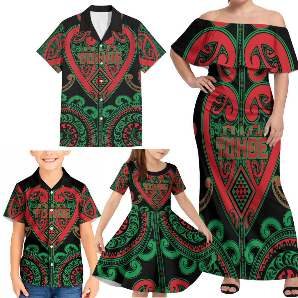 Custom Aotearoa Ngai Tuhoe Family Matching Off Shoulder Maxi Dress and Hawaiian Shirt Maori Tribal Pattern