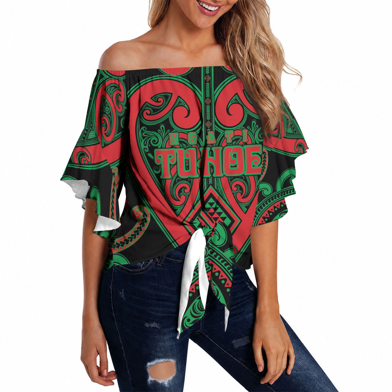 Custom Aotearoa Ngai Tuhoe Off Shoulder Wrap Waist Top Maori Tribal Pattern