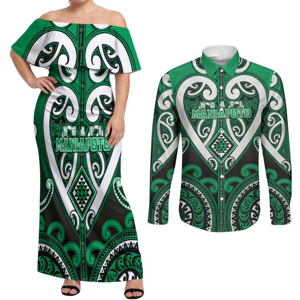 Custom Aotearoa Ngati Maniapoto Couples Matching Off Shoulder Maxi Dress and Long Sleeve Button Shirt Maori Tribal Pattern