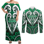 Custom Aotearoa Ngati Maniapoto Couples Matching Off Shoulder Maxi Dress and Long Sleeve Button Shirt Maori Tribal Pattern
