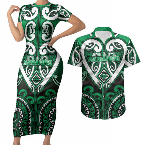 Custom Aotearoa Ngati Maniapoto Couples Matching Short Sleeve Bodycon Dress and Hawaiian Shirt Maori Tribal Pattern