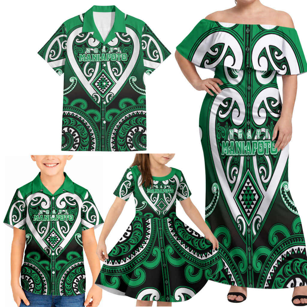 Custom Aotearoa Ngati Maniapoto Family Matching Off Shoulder Maxi Dress and Hawaiian Shirt Maori Tribal Pattern