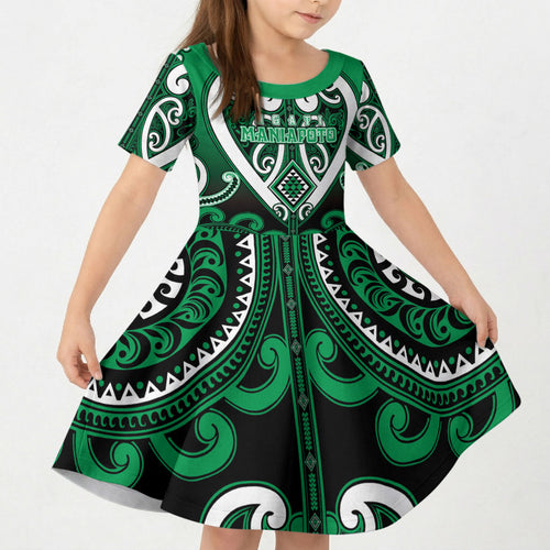 Custom Aotearoa Ngati Maniapoto Kid Short Sleeve Dress Maori Tribal Pattern