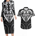 Custom Aotearoa Ngati Raukawa Couples Matching Long Sleeve Bodycon Dress and Hawaiian Shirt Maori Tribal Pattern