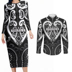 Custom Aotearoa Ngati Raukawa Couples Matching Long Sleeve Bodycon Dress and Long Sleeve Button Shirt Maori Tribal Pattern