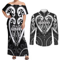 Custom Aotearoa Ngati Raukawa Couples Matching Off Shoulder Maxi Dress and Long Sleeve Button Shirt Maori Tribal Pattern