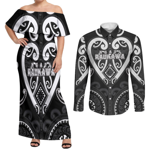 Custom Aotearoa Ngati Raukawa Couples Matching Off Shoulder Maxi Dress and Long Sleeve Button Shirt Maori Tribal Pattern