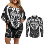 Custom Aotearoa Ngati Raukawa Couples Matching Off Shoulder Short Dress and Long Sleeve Button Shirt Maori Tribal Pattern